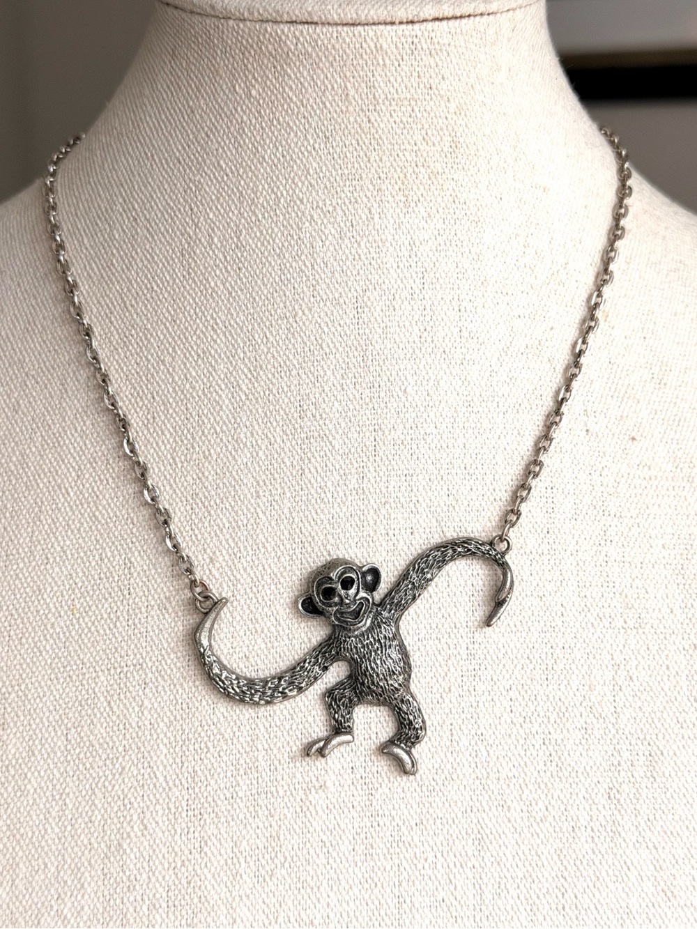 Whimsical Chimpanzee Necklace Antiqued Silver Tone Animal Statement